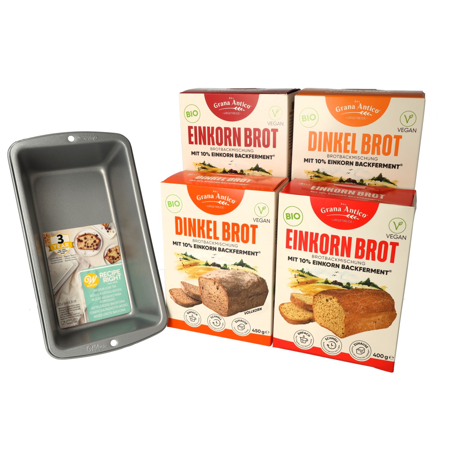 BIO-Dinkel und Einkorn Set 4 Sorten + Backform BIO-Dinkel und Einkorn Set 4 Sorten + Backform
