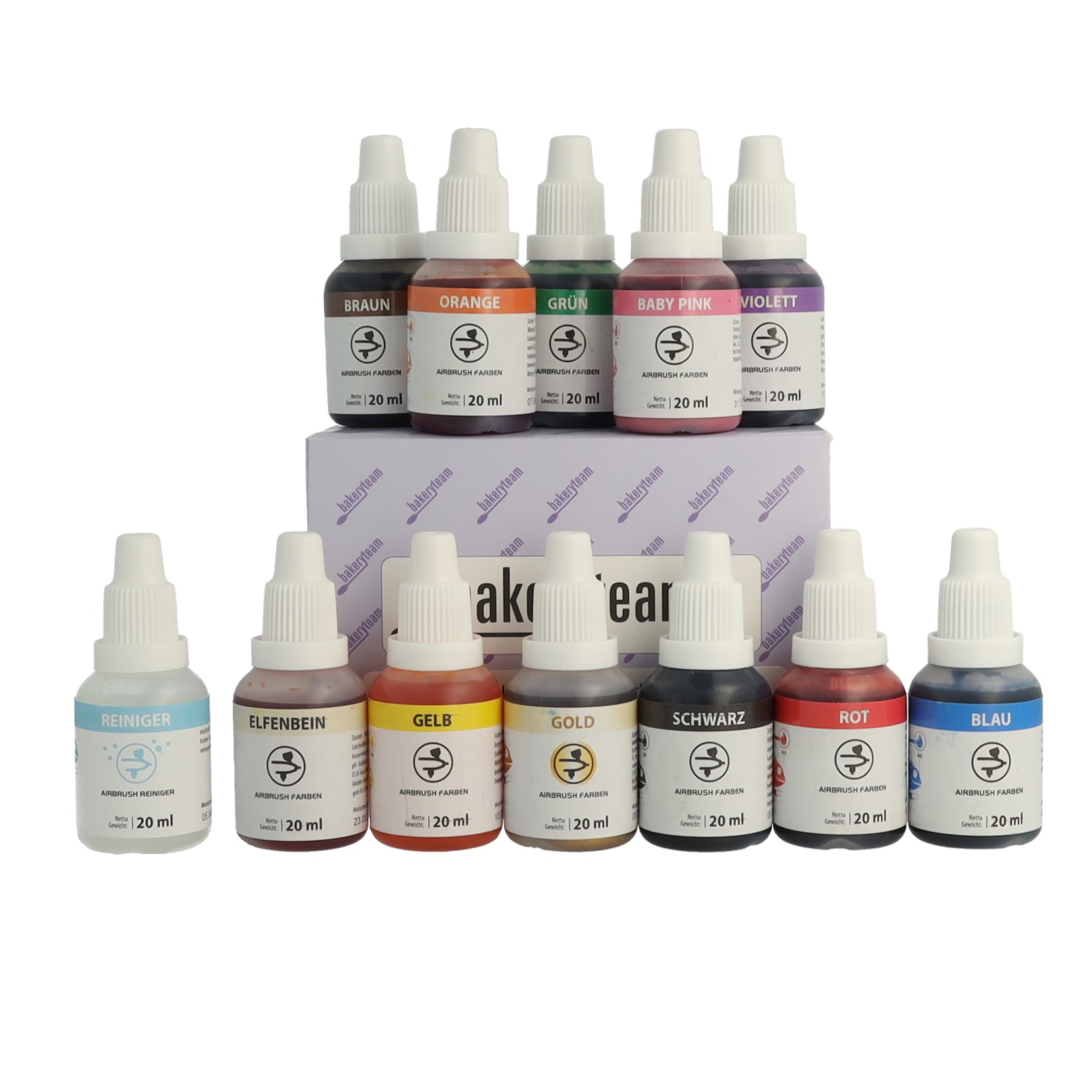 Lebensmittelfarben Airbrush 11 x 20ml + Reiniger Lebensmittelfarben Airbrush 11 x 20ml + Reiniger